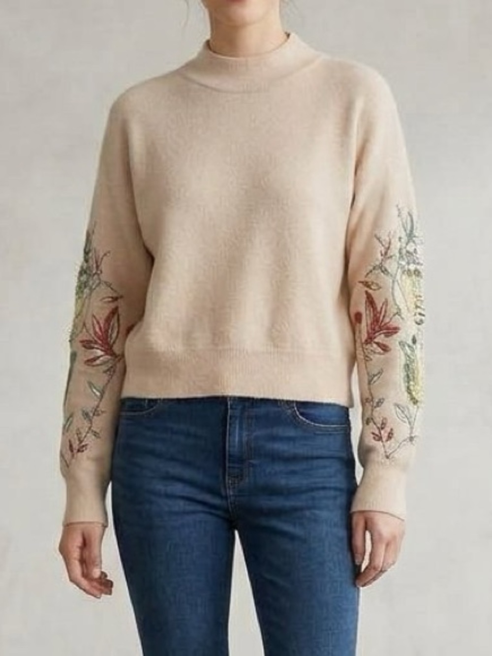 Desigual - Beige Embroidered Sleeve Crewneck Sweater - Women Small